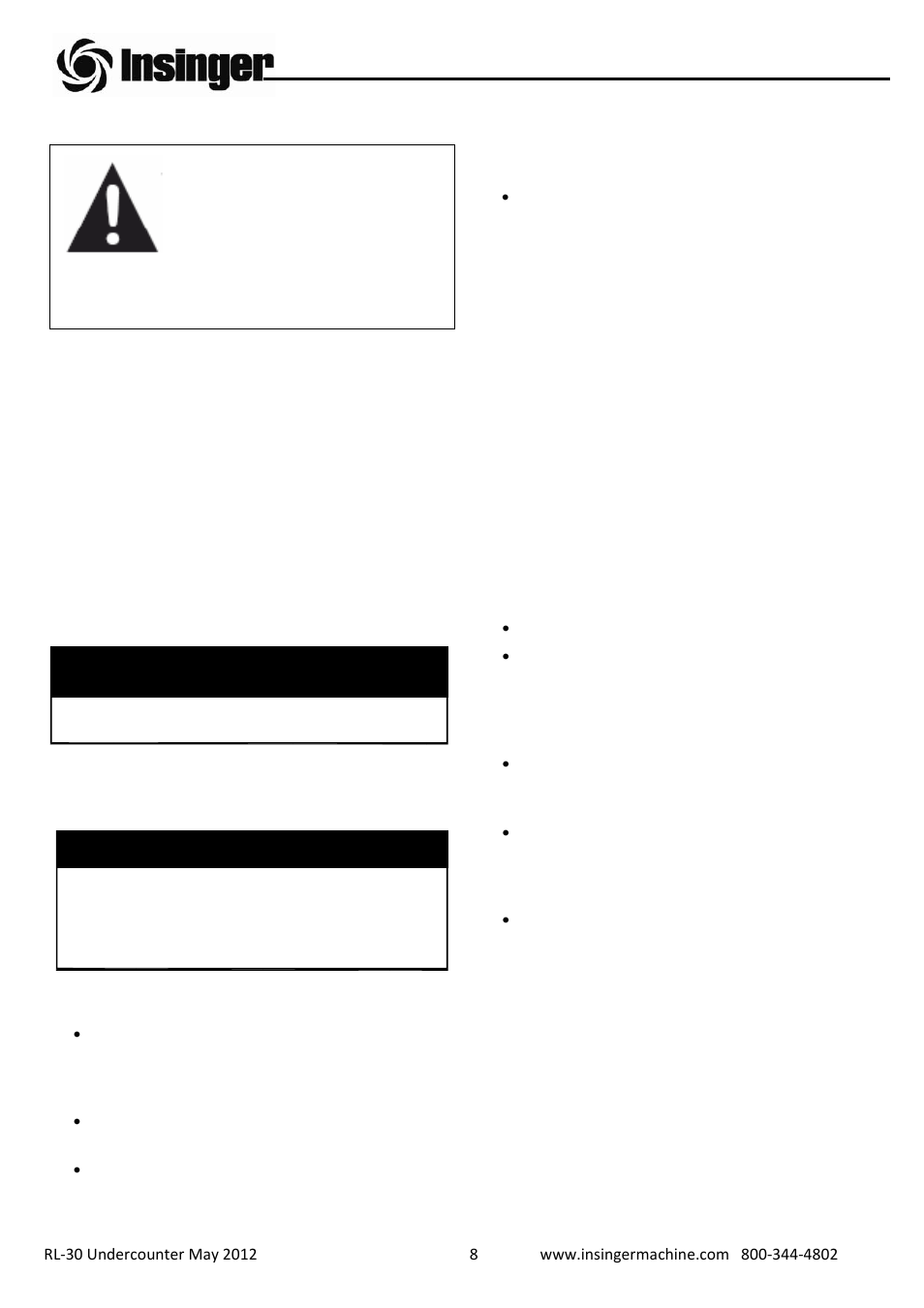 Warning | Insinger RL-30 User Manual | Page 9 / 39