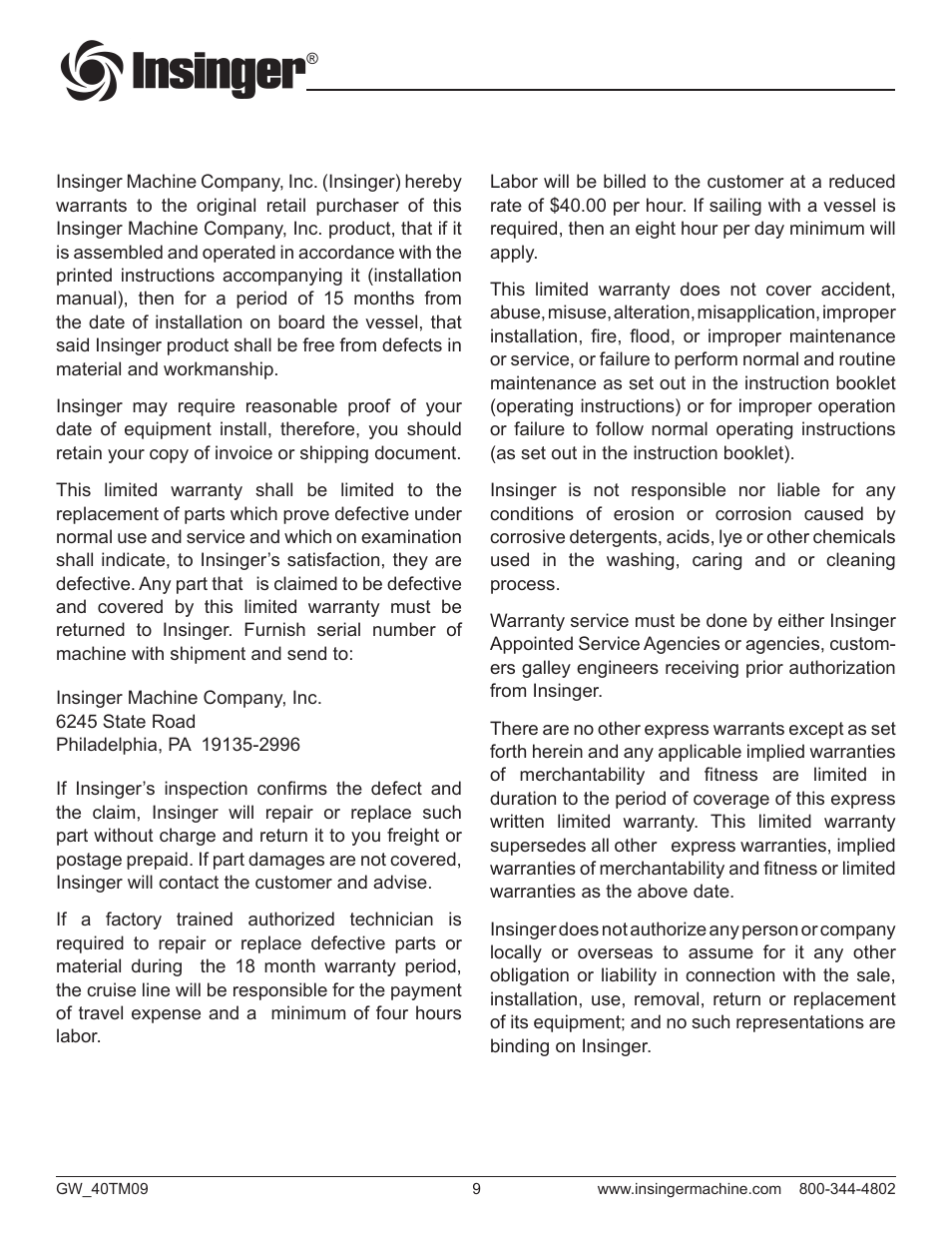 Insinger GW-40 User Manual | Page 11 / 38