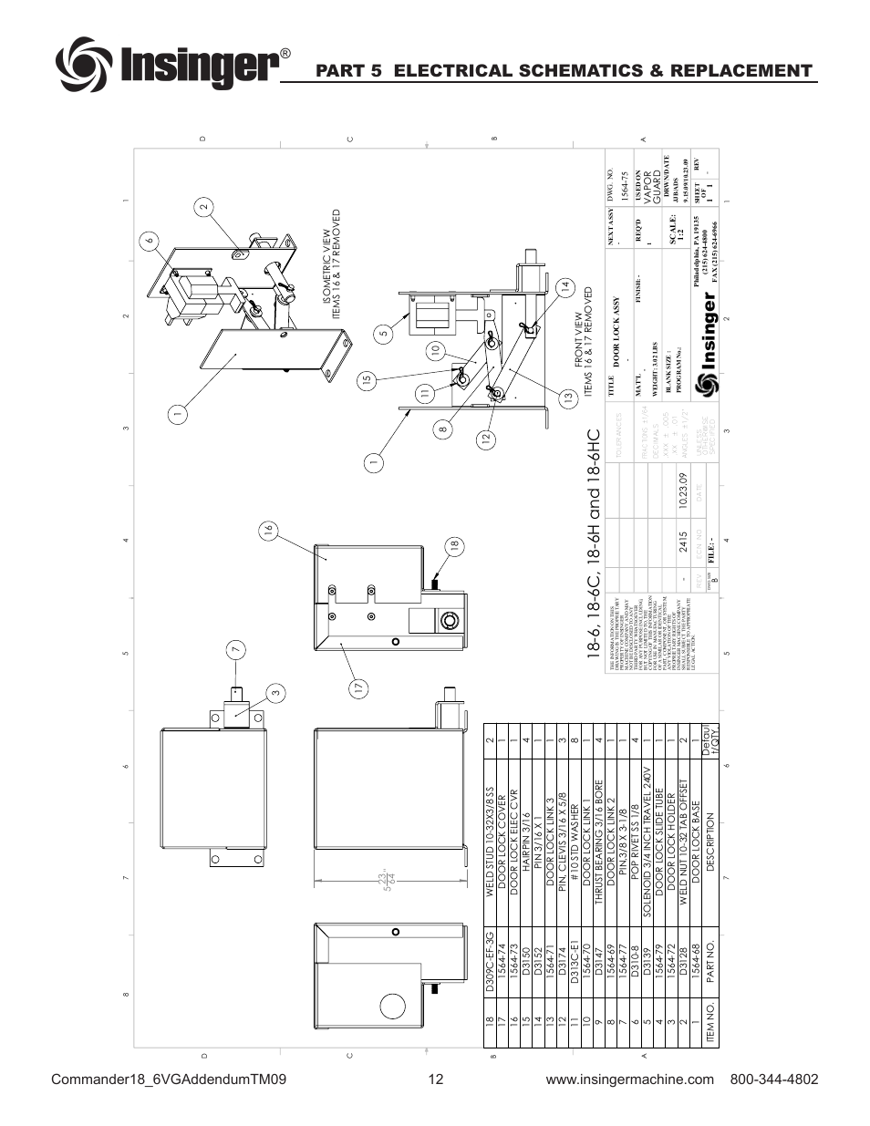 Insinger, Part 5 electrical schematics & replacement | Insinger Commander 18-6VG User Manual | Page 14 / 25