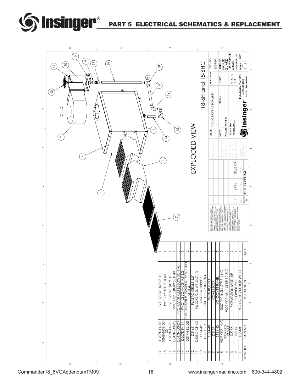 Exploded view, Insinger, Part 5 electrical schematics & replacement | 6h and 18-6hc | Insinger Commander 18-6VG User Manual | Page 20 / 25