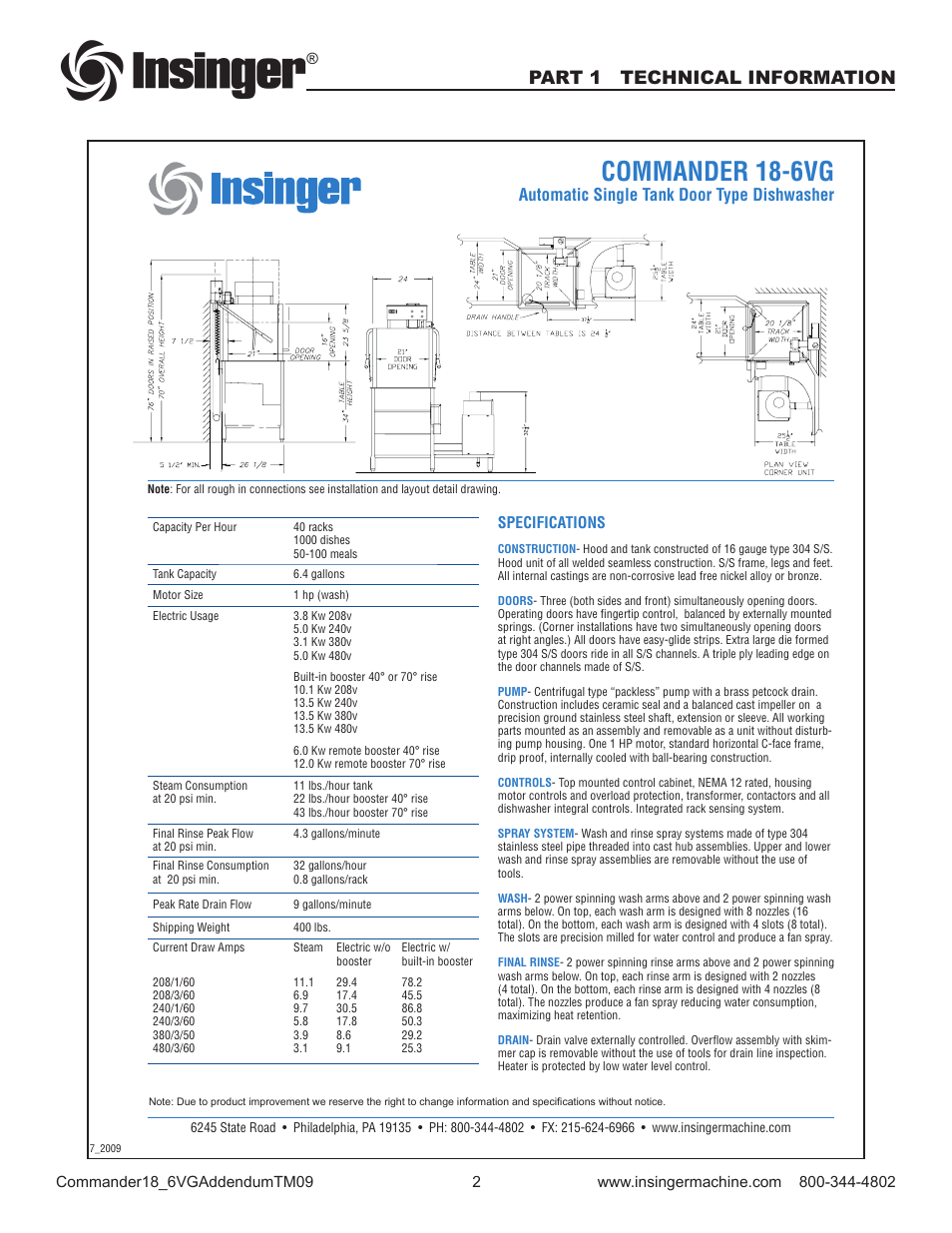 Commander 18-6vg, Part 1 technical information, Automatic single tank door type dishwasher | Specifications | Insinger Commander 18-6VG User Manual | Page 4 / 25