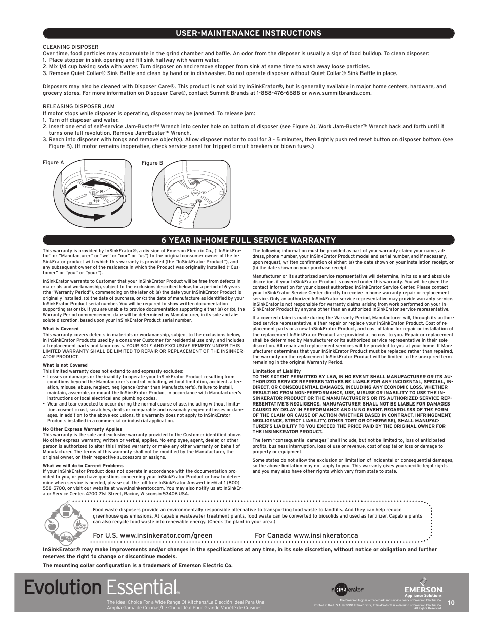 Evolution essential, User-maintenance instructions, 6 year in-home full service warranty | InSinkErator Evolution Essential User Manual | Page 10 / 14