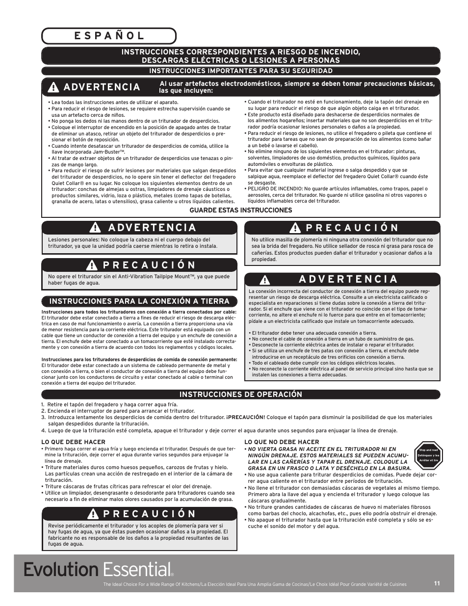 Evolution essential, Advertencia, Instrucciones de operación | Instrucciones para la conexión a tierra | InSinkErator Evolution Essential User Manual | Page 11 / 14