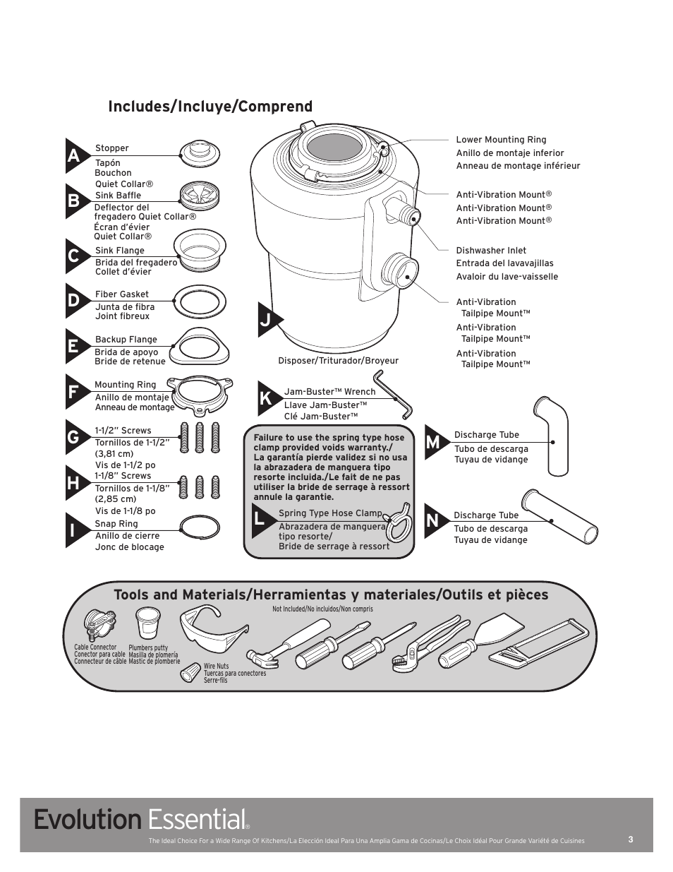 Evolution essential, Includes/incluye/comprend | InSinkErator Evolution Essential User Manual | Page 3 / 14