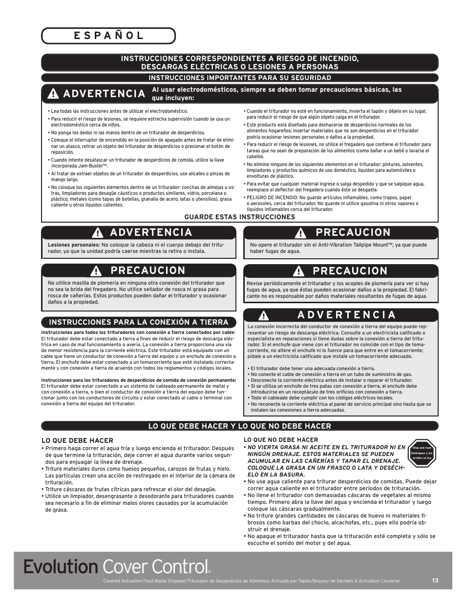 Evolution cover control, Precaucion, Advertencia | InSinkErator Evolution Cover Control User Manual | Page 13 / 16