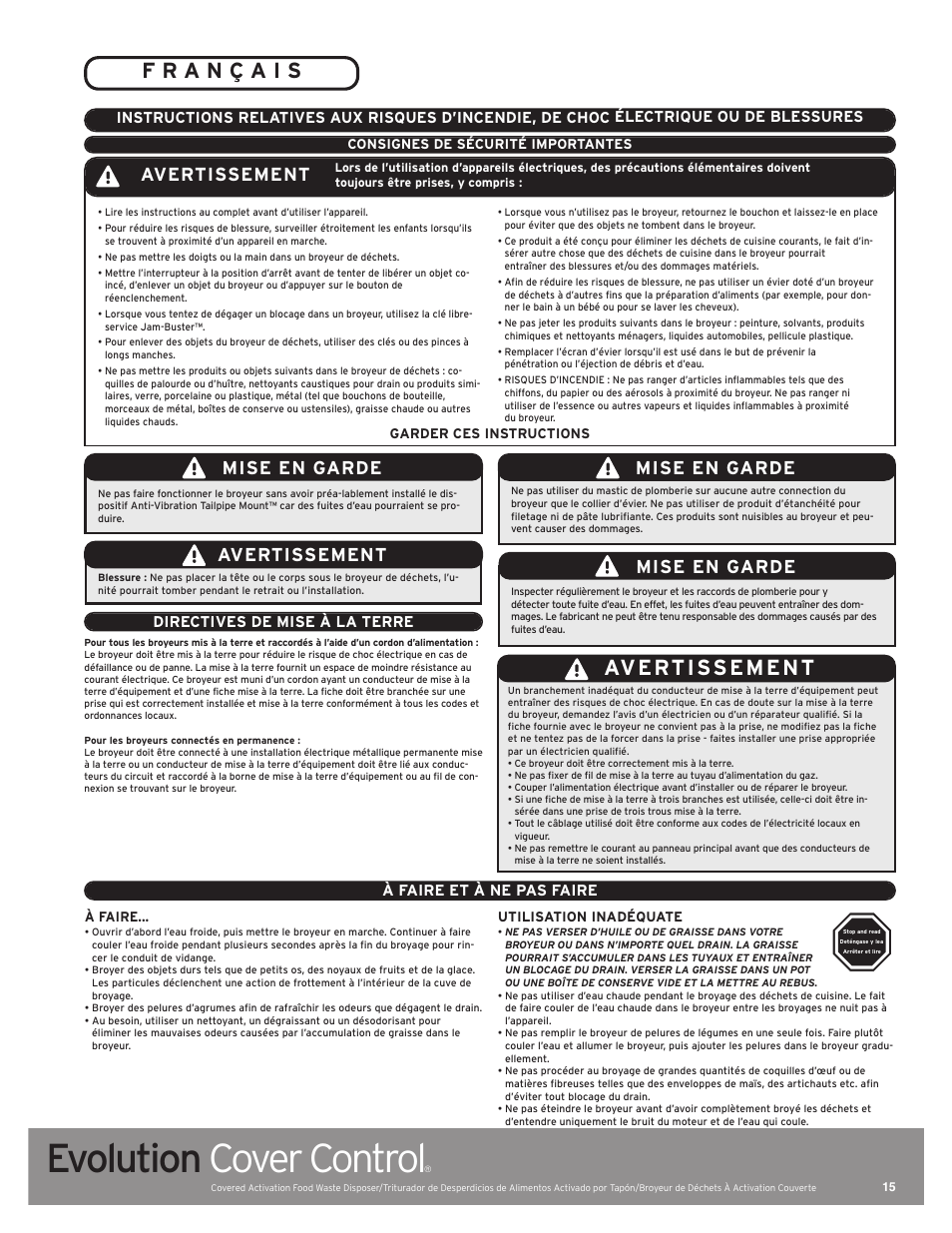 Evolution cover control, Mise en garde, Avertissement | À faire et à ne pas faire, Directives de mise à la terre | InSinkErator Evolution Cover Control User Manual | Page 15 / 16