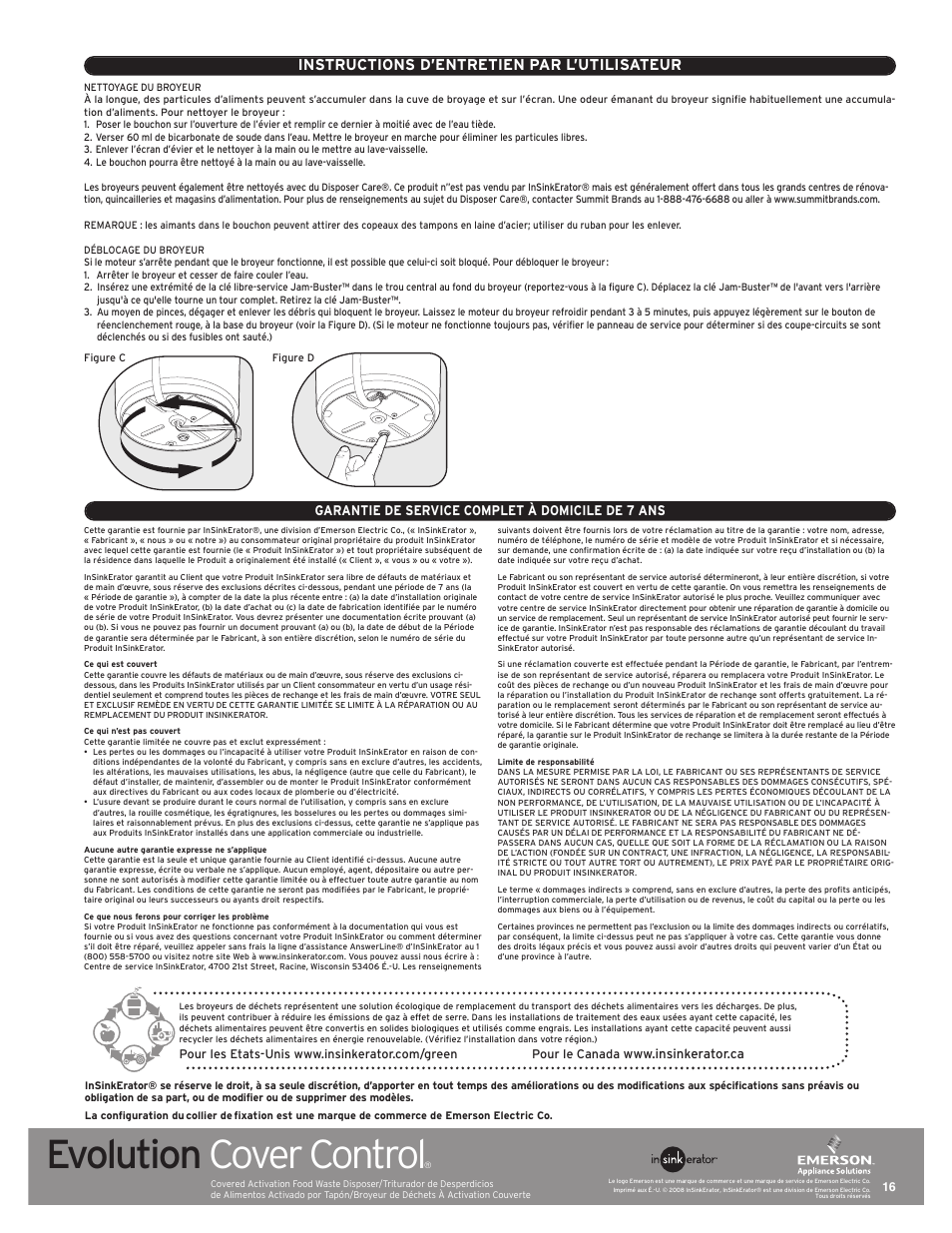Evolution cover control, Instructions d’entretien par l’utilisateur, Garantie de service complet à domicile de 7 ans | InSinkErator Evolution Cover Control User Manual | Page 16 / 16