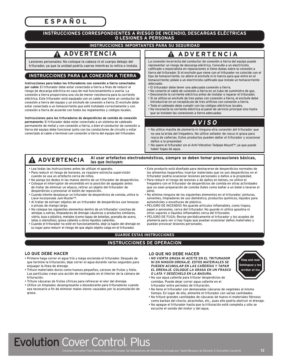 Evolution cover control, Plus, Advertencia | InSinkErator Evolution Cover Control Plus User Manual | Page 12 / 16