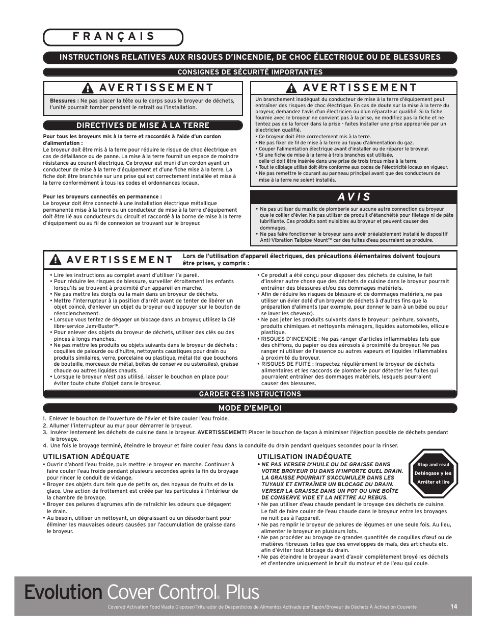 Evolution cover control, Plus, A v i s | Mode d’emploi, Directives de mise à la terre | InSinkErator Evolution Cover Control Plus User Manual | Page 14 / 16