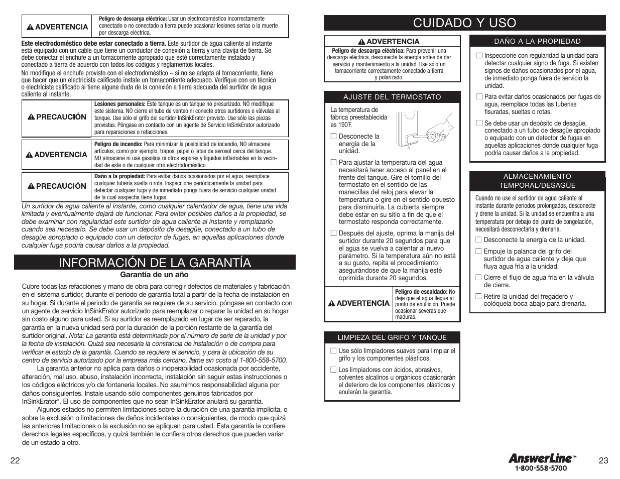 Cuidado y uso, Información de la garantía | InSinkErator Hot1 User Manual | Page 12 / 18