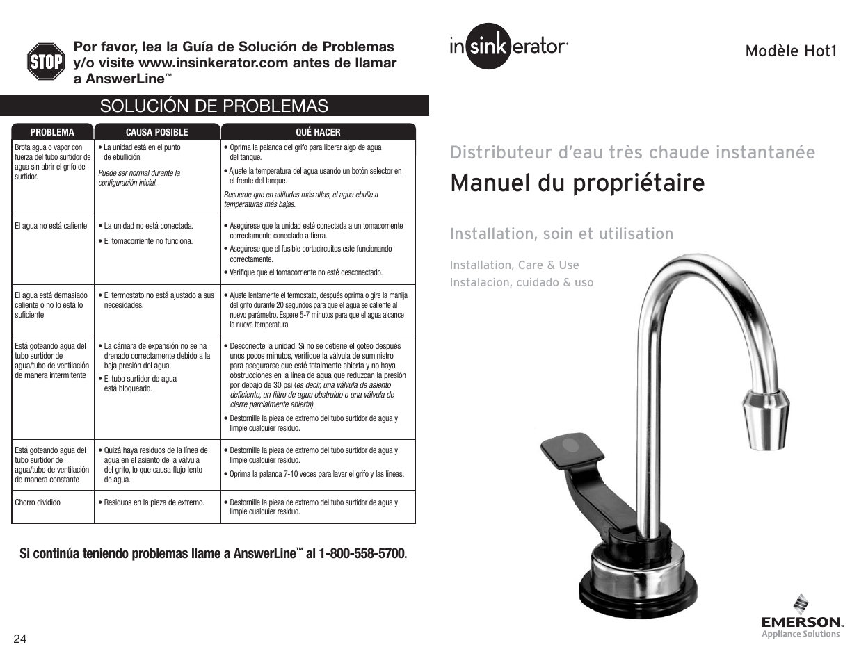 Manuel du propriétaire, Distributeur d’eau très chaude instantanée, Solución de problemas | Installation, soin et utilisation, Modèle hot1, Si continúa teniendo problemas llame a answerline | InSinkErator Hot1 User Manual | Page 13 / 18