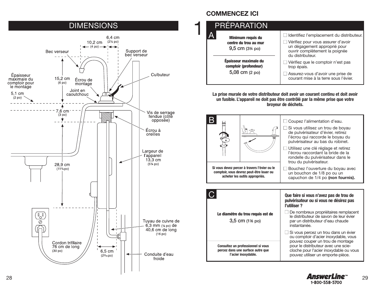 Préparation, Dimensions, Commencez ici | InSinkErator Hot1 User Manual | Page 15 / 18