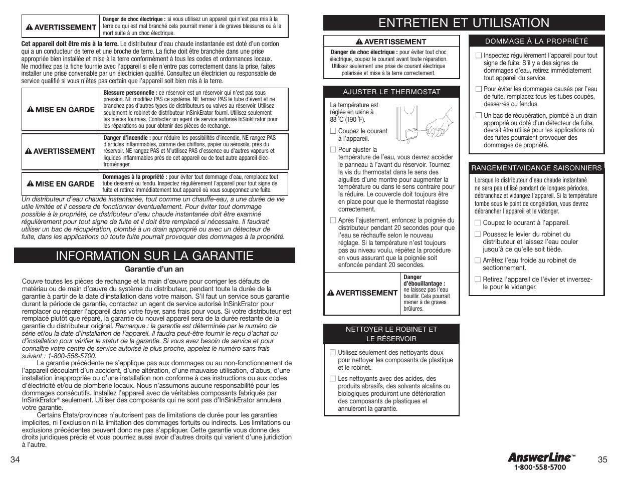 Information sur la garantie, Entretien et utilisation | InSinkErator Hot1 User Manual | Page 18 / 18