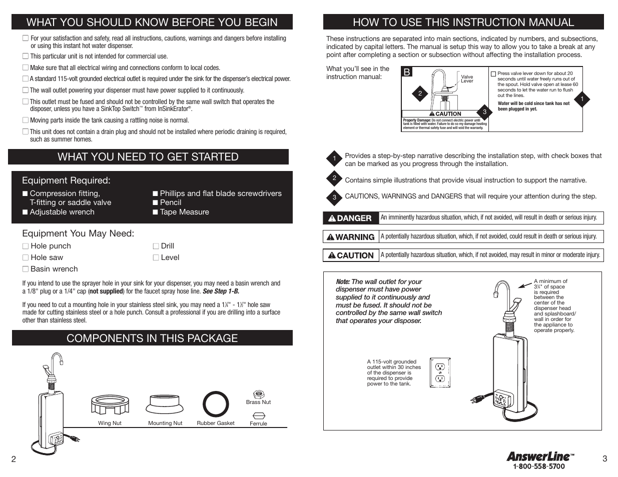 How to use this instruction manual, What you should know before you begin, What you need to get started | Components in this package, Equipment you may need, Equipment required | InSinkErator Hot1 User Manual | Page 2 / 18