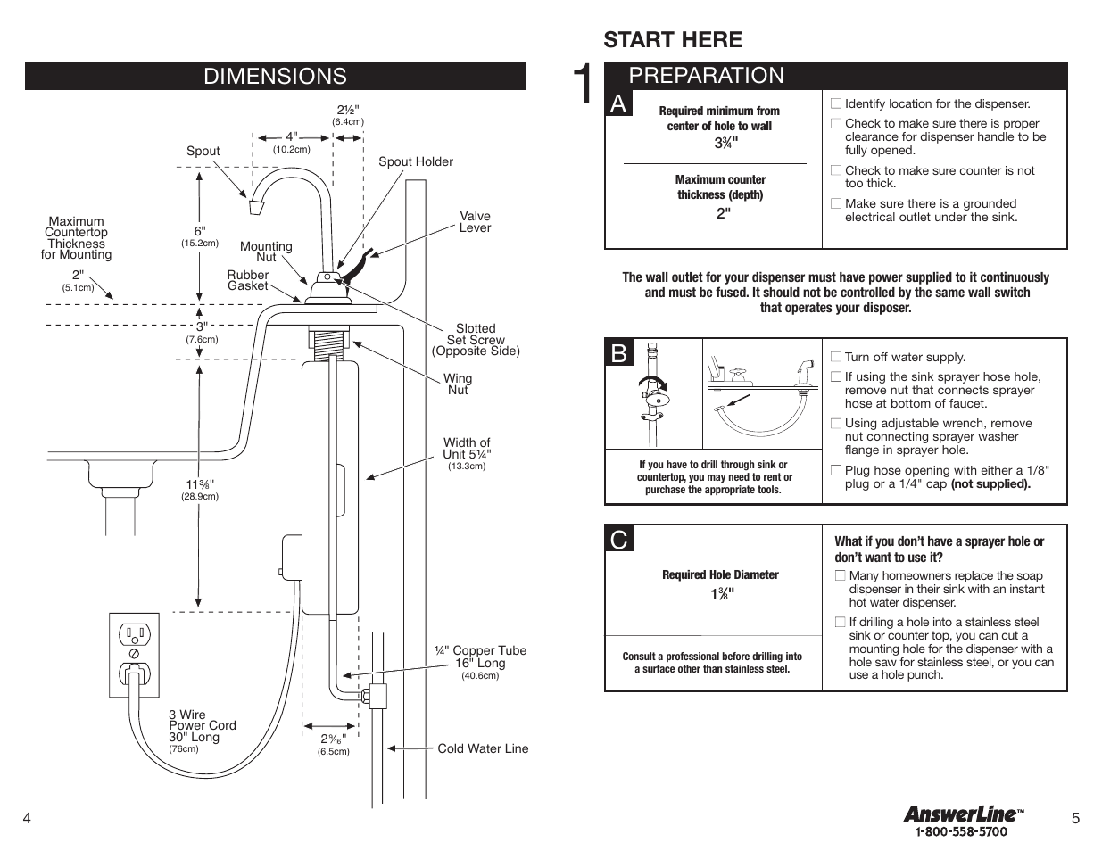 Preparation start here, Dimensions | InSinkErator Hot1 User Manual | Page 3 / 18