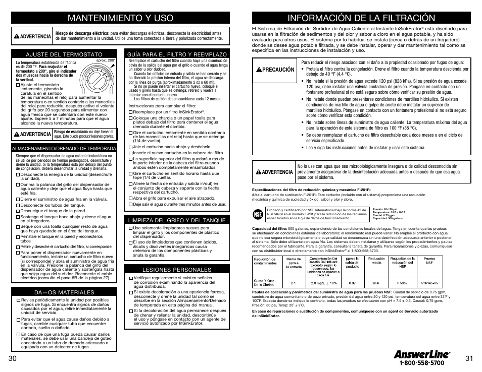 Información de la filtración, Mantenimiento y uso, Peligro | InSinkErator SST-FLTR Tank and Fliter System User Manual | Page 16 / 25