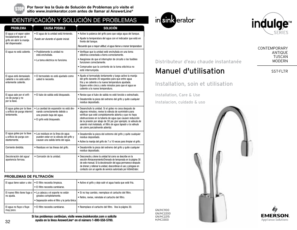 Manuel d'utilisation, Installation, soin et utilisation, Identificación y solución de problemas | Distributeur d’eau chaude instantanée | InSinkErator SST-FLTR Tank and Fliter System User Manual | Page 17 / 25