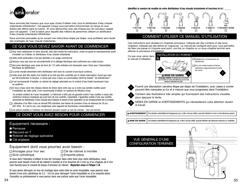 Comment utiliser ce manuel d’utilisation, Ce que vous devez savoir avant de commencer, Ce dont vous avez besoin pour commencer 34 | Vue générale d’une configuration terminée | InSinkErator SST-FLTR Tank and Fliter System User Manual | Page 18 / 25