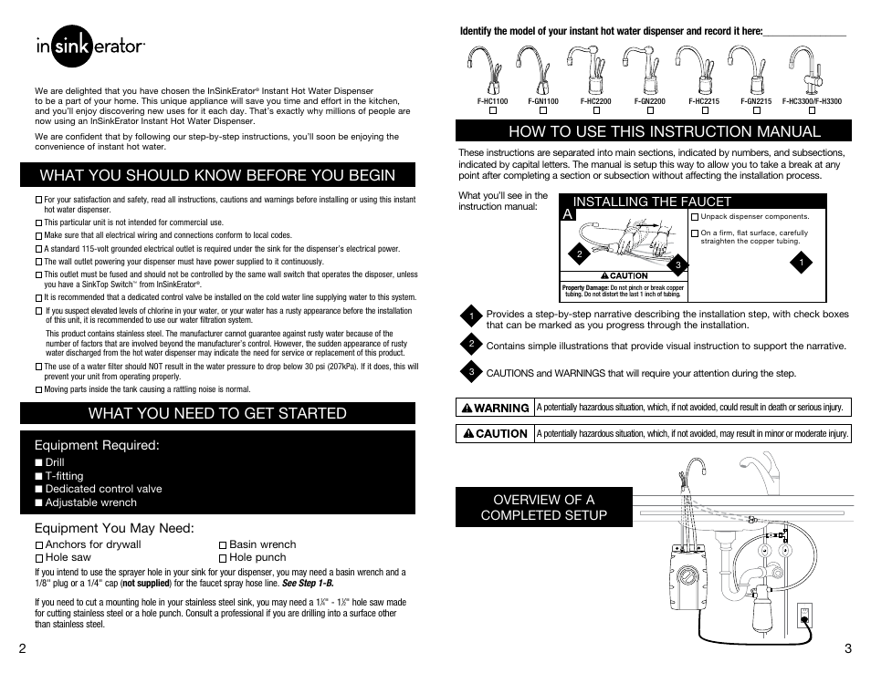 How to use this instruction manual, What you should know before you begin, What you need to get started | Installing the faucet, Equipment you may need: equipment required, Overview of a completed setup 2 3 | InSinkErator SST-FLTR Tank and Fliter System User Manual | Page 2 / 25