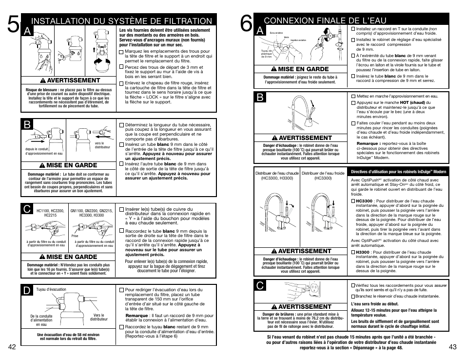 Connexion finale de l’eau, Installation du système de filtration, Mise en garde danger avertissement | InSinkErator SST-FLTR Tank and Fliter System User Manual | Page 22 / 25