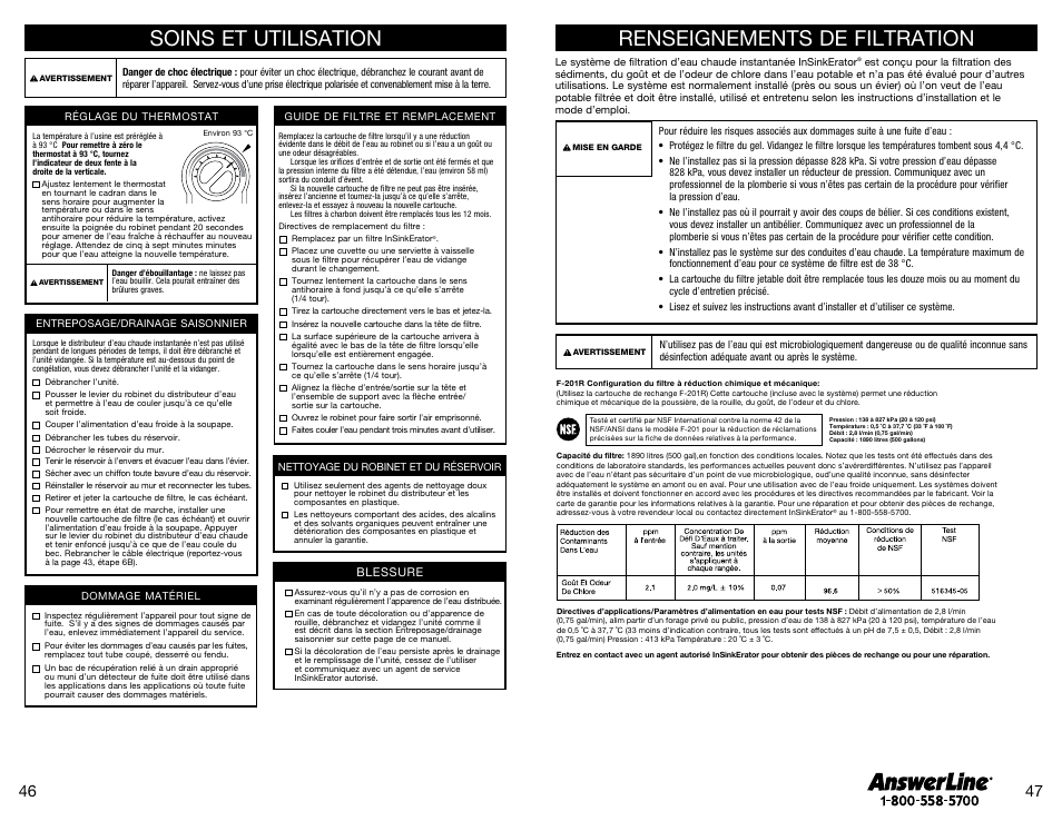 Renseignements de filtration, Soins et utilisation | InSinkErator SST-FLTR Tank and Fliter System User Manual | Page 24 / 25