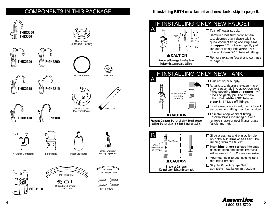 Components in this package, If installing only new tank, If installing only new faucet | Blue tube | InSinkErator SST-FLTR Tank and Fliter System User Manual | Page 3 / 25