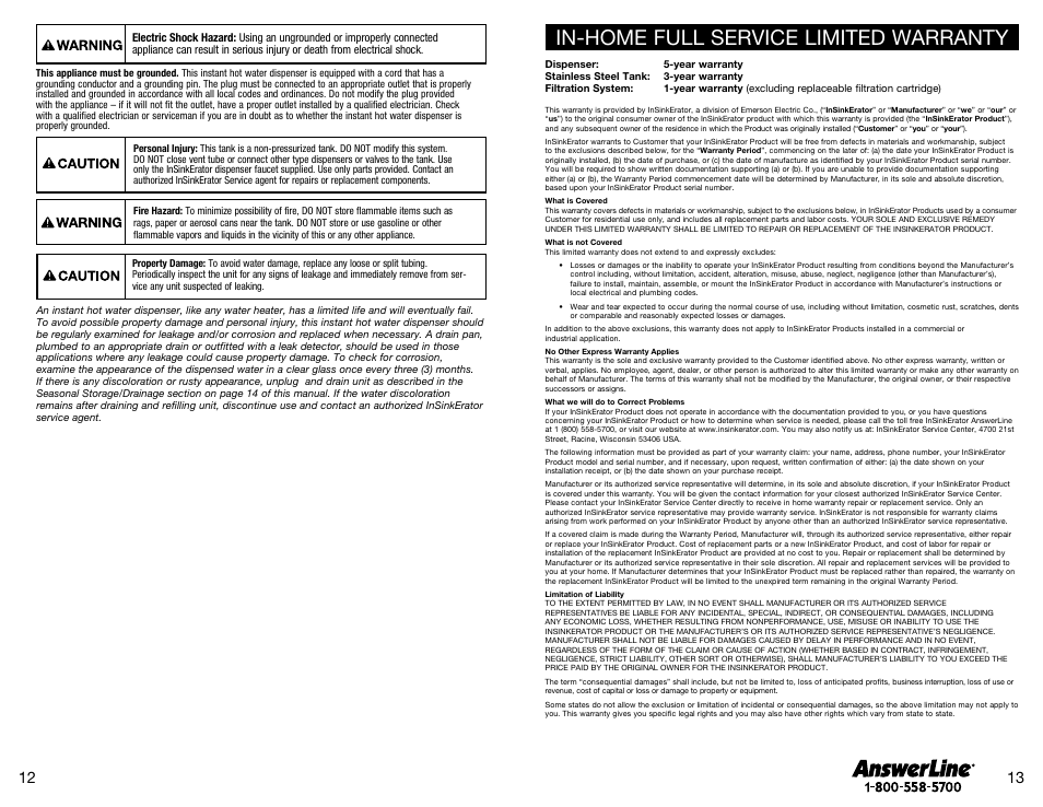 In-home full service limited warranty | InSinkErator SST-FLTR Tank and Fliter System User Manual | Page 7 / 25