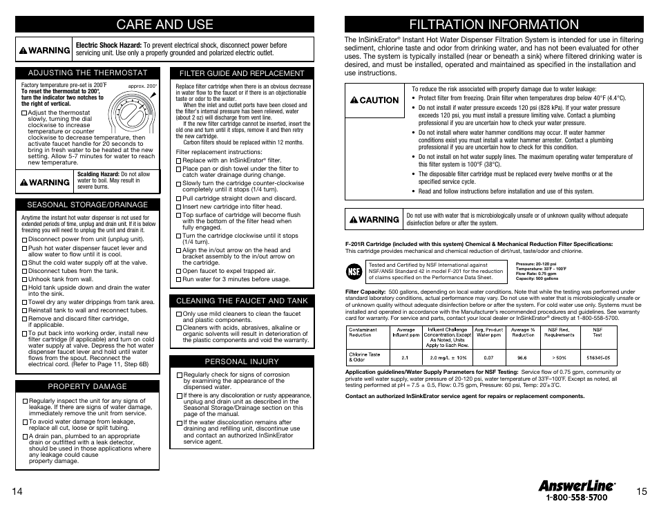 Filtration information, Care and use | InSinkErator SST-FLTR Tank and Fliter System User Manual | Page 8 / 25