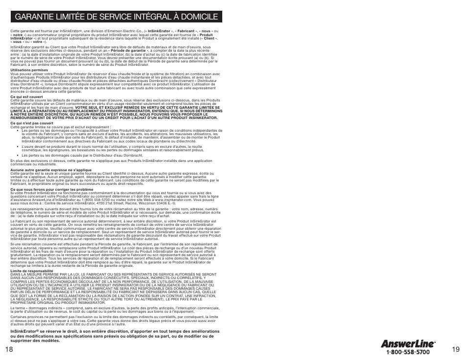 Garantie limitée de service intégral à domicile | InSinkErator F-201 Filtration System User Manual | Page 10 / 10