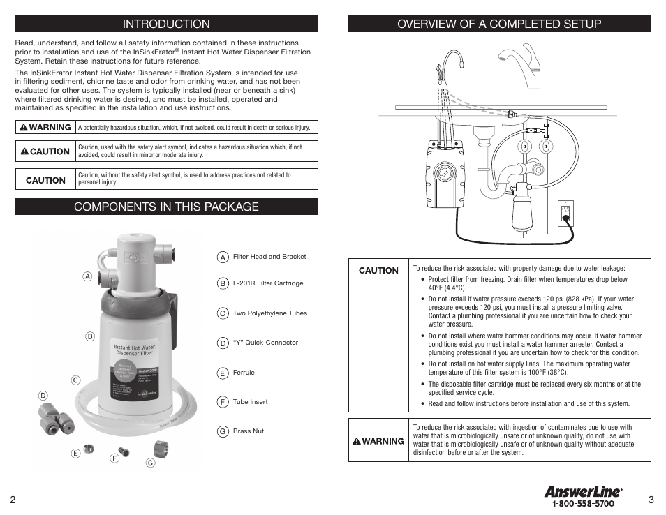 Components in this package introduction, Overview of a completed setup | InSinkErator F-201 Filtration System User Manual | Page 2 / 10