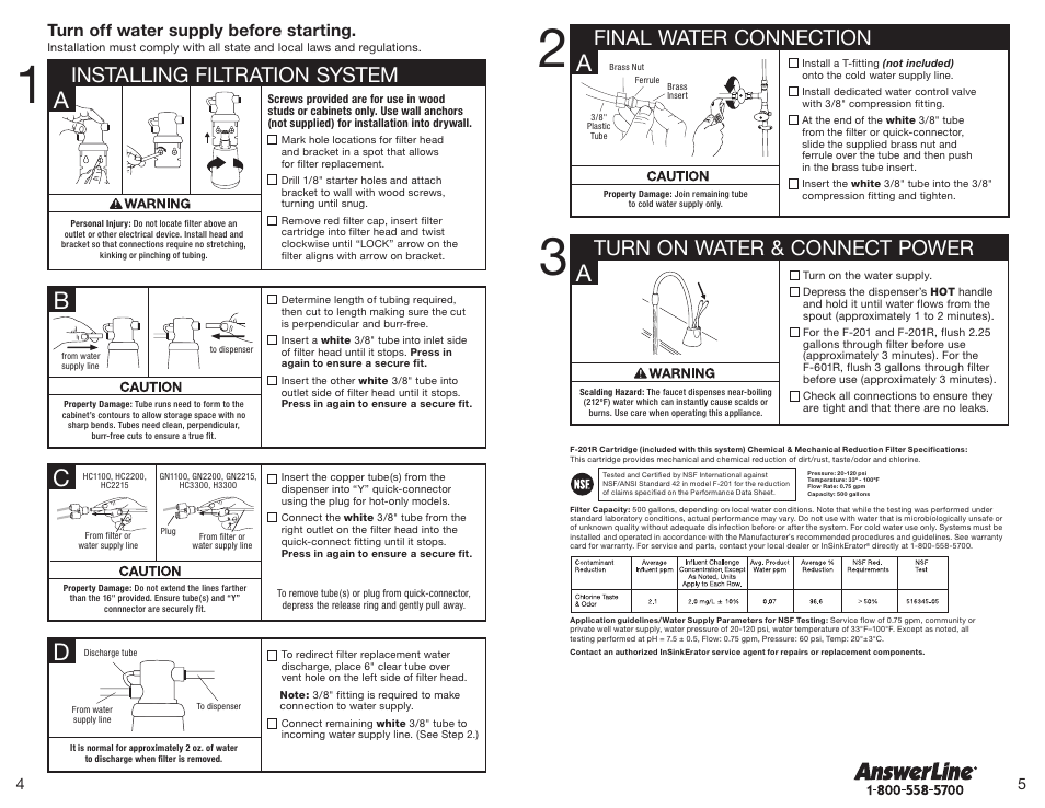 Installing filtration system, Turn off water supply before starting | InSinkErator F-201 Filtration System User Manual | Page 3 / 10
