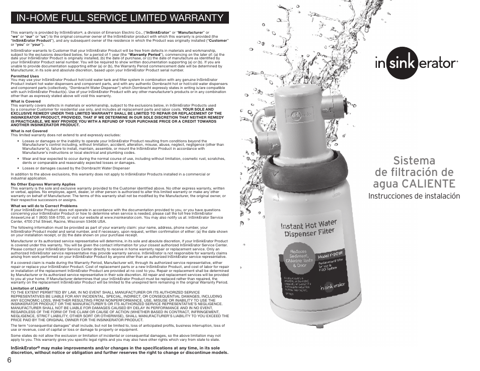 Sistema de filtración de agua caliente, In-home full service limited warranty, Instrucciones de instalación | InSinkErator F-201 Filtration System User Manual | Page 4 / 10