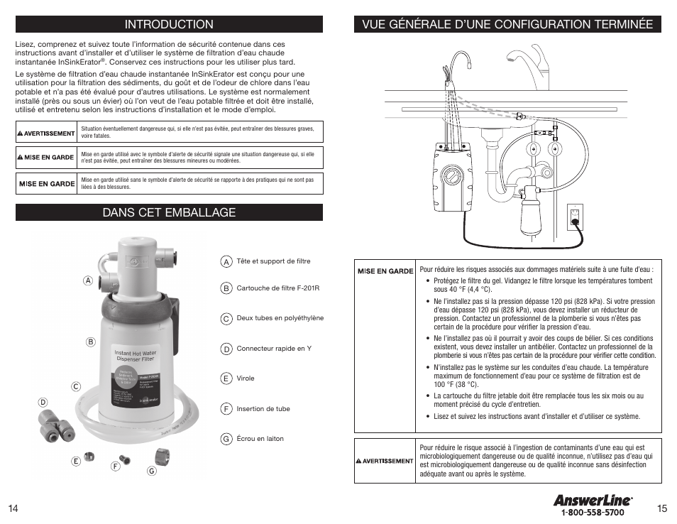 Introduction dans cet emballage, Vue générale d’une configuration terminée | InSinkErator F-201 Filtration System User Manual | Page 8 / 10