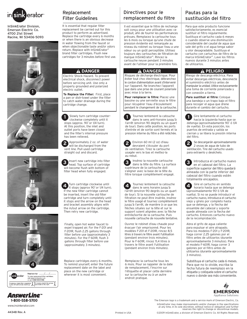 Danger, Peligro | InSinkErator F-601R Replacement Filter User Manual | Page 2 / 2