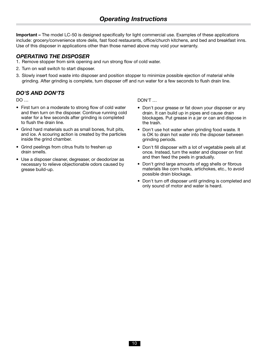 Operating instructions | InSinkErator LC-50 User Manual | Page 10 / 13