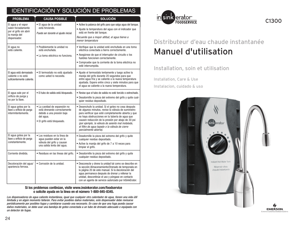 Manuel d'utilisation, Distributeur d’eau chaude instantanée, Identificación y solución de problemas | Installation, soin et utilisation, C1300 | InSinkErator C1300 User Manual | Page 13 / 20