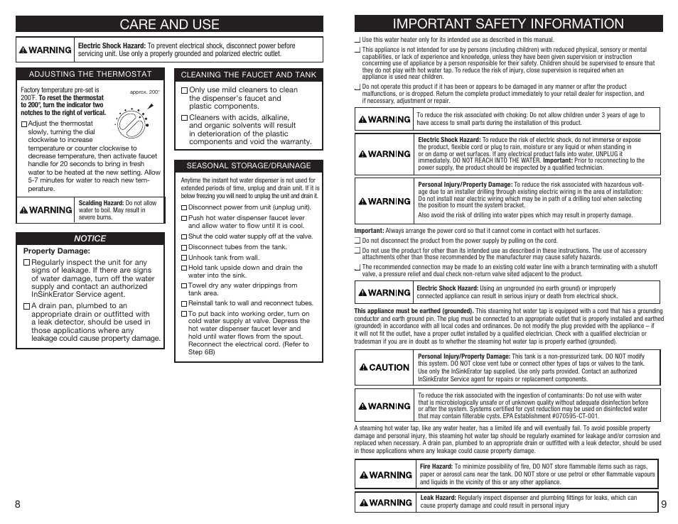 Care and use, Important safety information | InSinkErator C1300 User Manual | Page 5 / 20