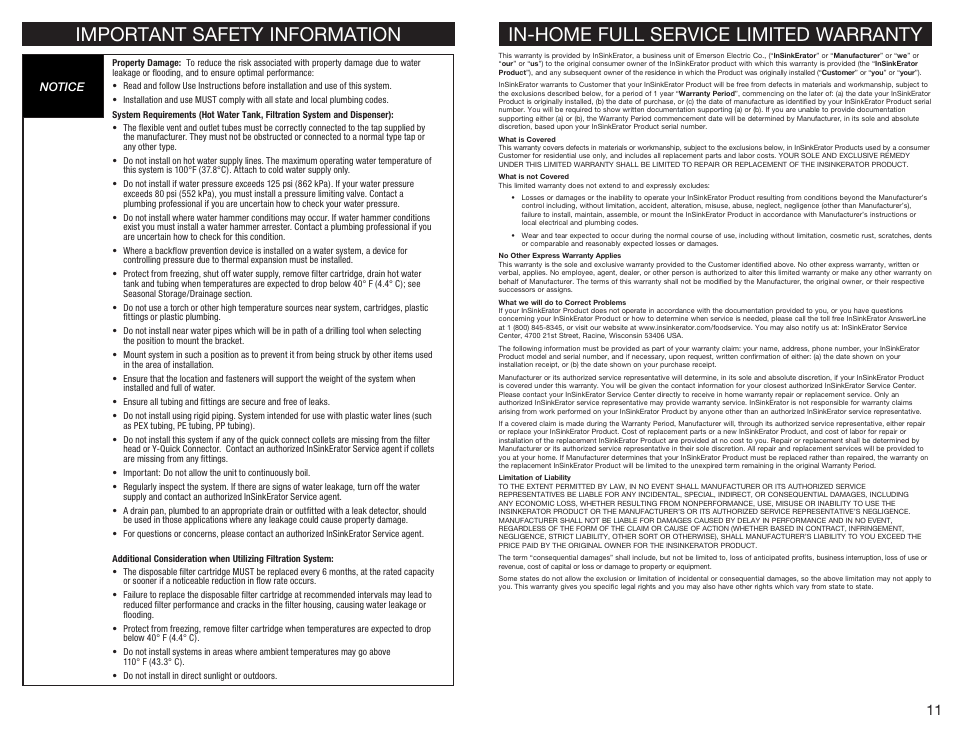 Important safety information, In-home full service limited warranty | InSinkErator C1300 User Manual | Page 6 / 20