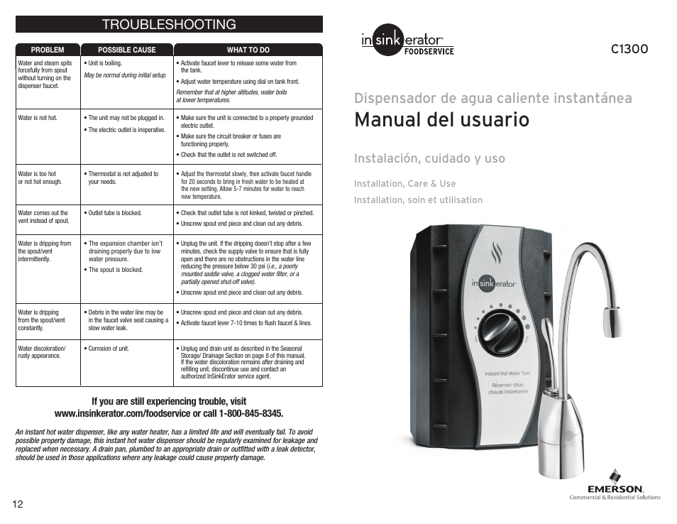 Manual del usuario, Dispensador de agua caliente instantánea, Troubleshooting | Instalación, cuidado y uso, C1300 | InSinkErator C1300 User Manual | Page 7 / 20