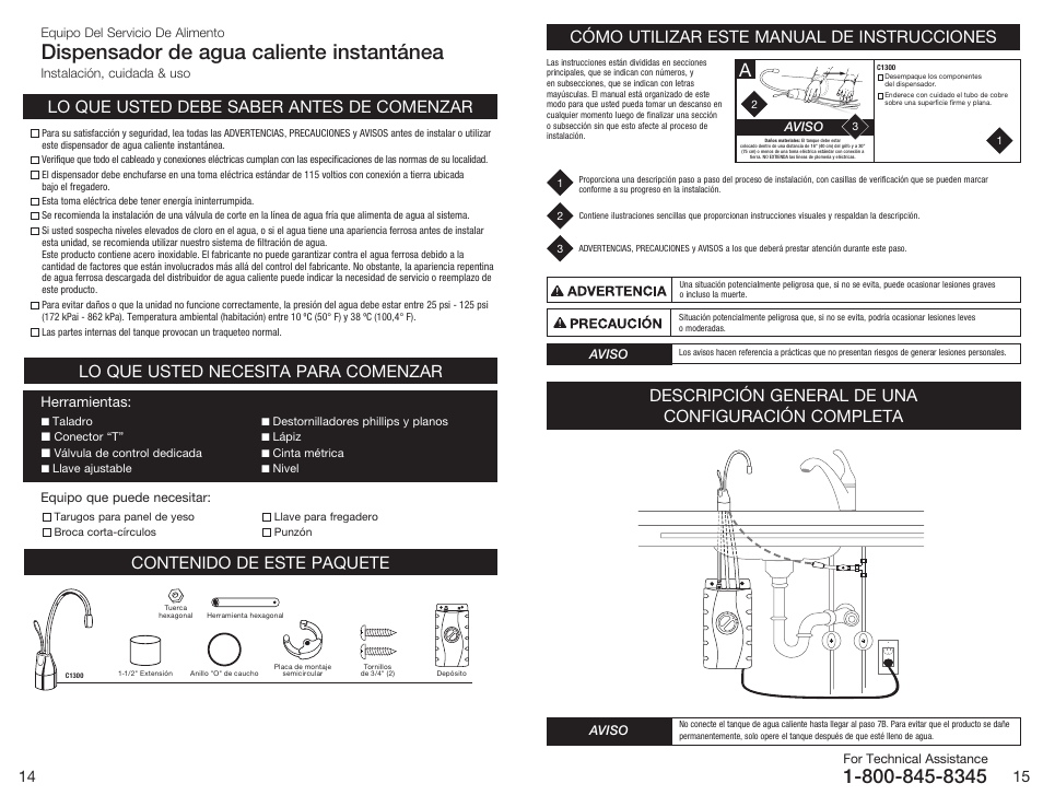 Dispensador de agua caliente instantánea, Lo que usted necesita para comenzar, Cómo utilizar este manual de instrucciones | Descripción general de una configuración completa, Herramientas | InSinkErator C1300 User Manual | Page 8 / 20