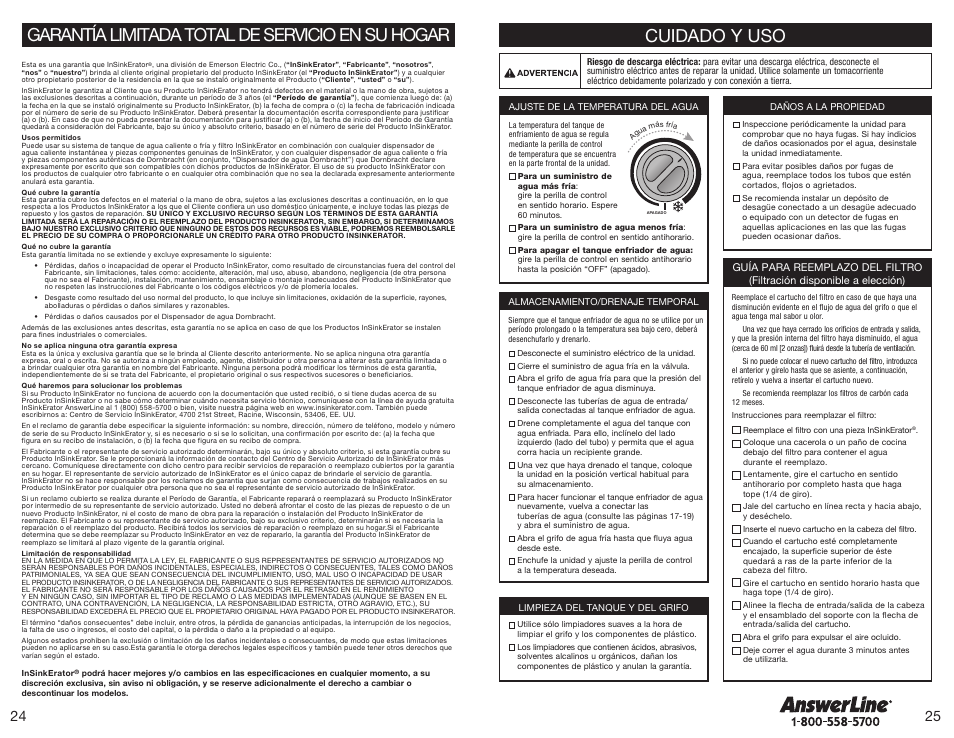 Garantía limitada total de servicio en su hogar, Cuidado y uso | InSinkErator F-C1100 Cold Only Faucet User Manual | Page 13 / 20