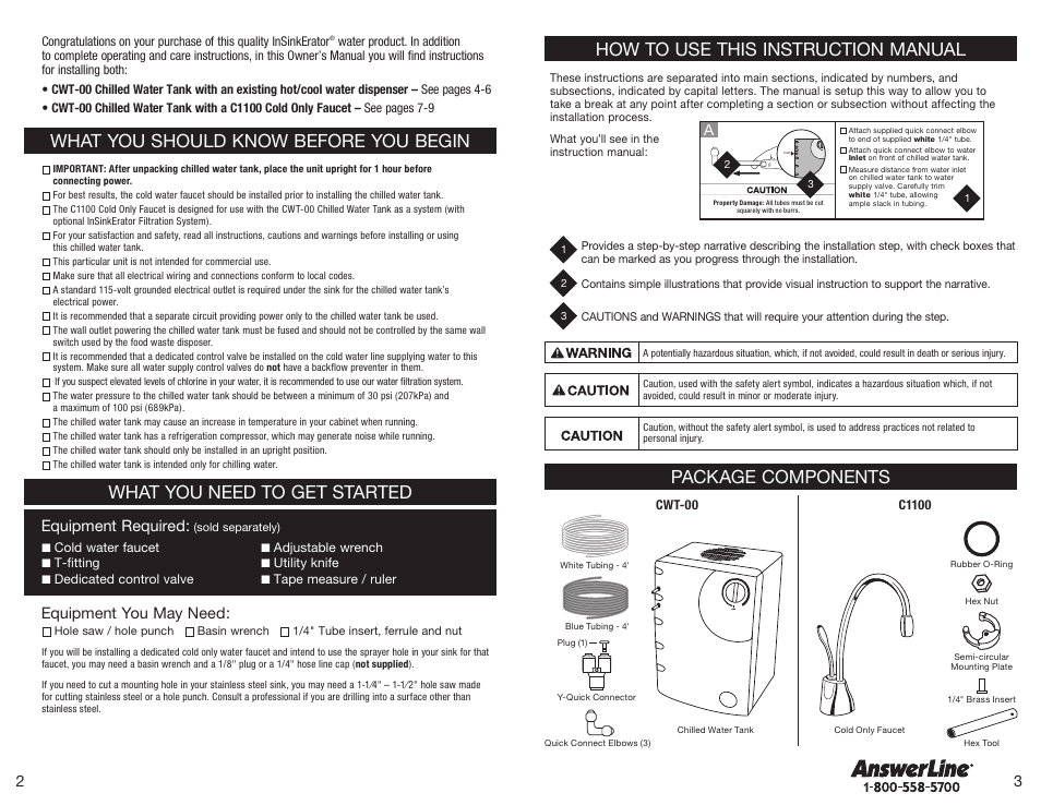 How to use this instruction manual, What you should know before you begin, What you need to get started | Package components, Equipment you may need, Equipment required | InSinkErator F-C1100 Cold Only Faucet User Manual | Page 2 / 20