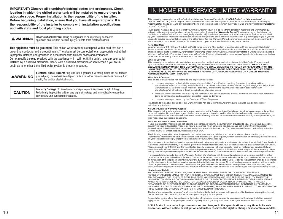 In-home full service limited warranty | InSinkErator F-C1100 Cold Only Faucet User Manual | Page 6 / 20