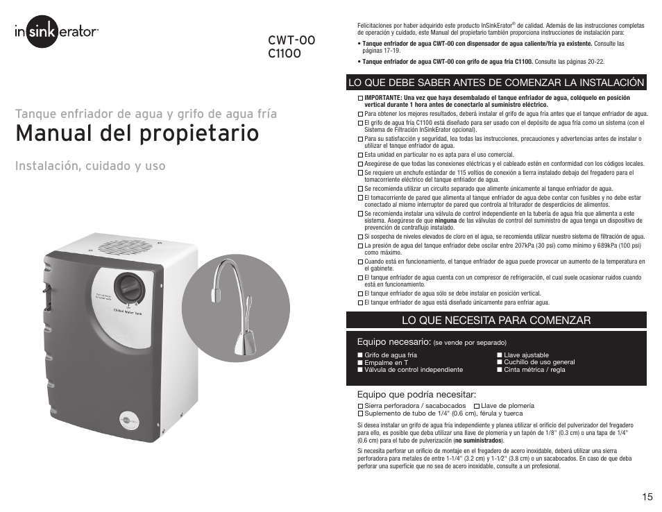 Manual del propietario, Lo que necesita para comenzar, Lo que debe saber antes de comenzar la instalación | InSinkErator F-C1100 Cold Only Faucet User Manual | Page 8 / 20