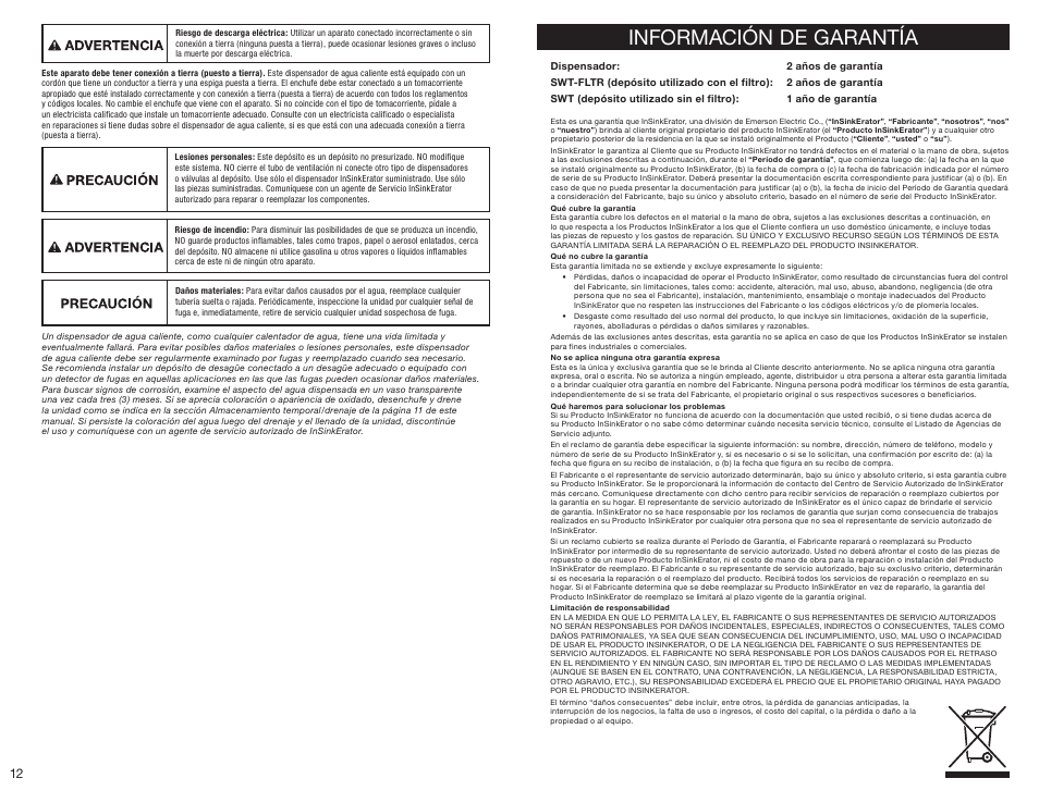 Información de garantía | InSinkErator HC3300 User Manual | Page 12 / 80