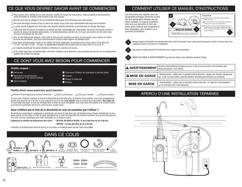 Dans ce colis, Ce que vous devriez savoir avant de commencer, Ce dont vous avez besoin pour commencer | Comment utiliser ce manuel d’instructions, Apercu d’une installation terminee | InSinkErator HC3300 User Manual | Page 14 / 80