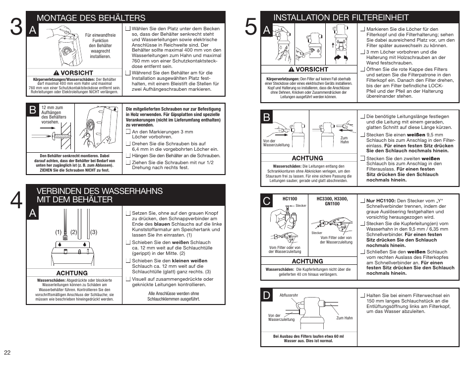 Ba a, Montage des behälters, Verbinden des wasserhahns mit dem behälter | Installation der filtereinheit | InSinkErator HC3300 User Manual | Page 22 / 80