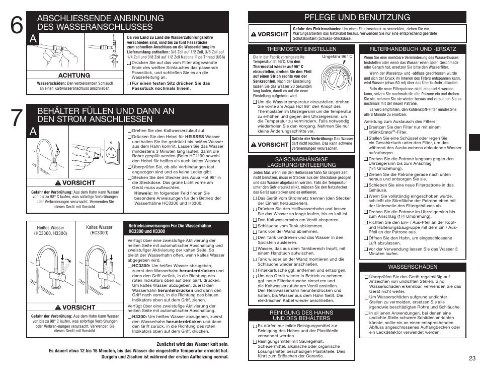 Pflege und benutzung | InSinkErator HC3300 User Manual | Page 23 / 80