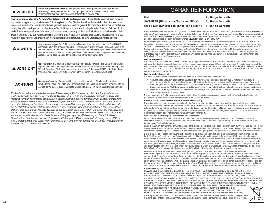 Garantieinformation | InSinkErator HC3300 User Manual | Page 24 / 80