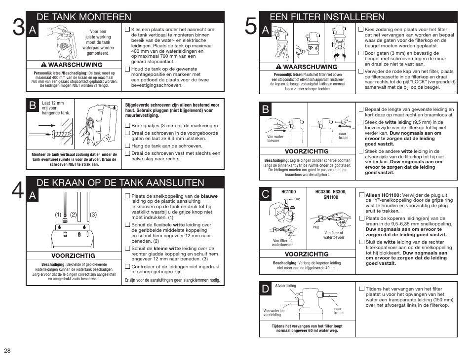 Ba a, De kraan op de tank aansluiten de tank monteren, Een filter installeren | InSinkErator HC3300 User Manual | Page 28 / 80